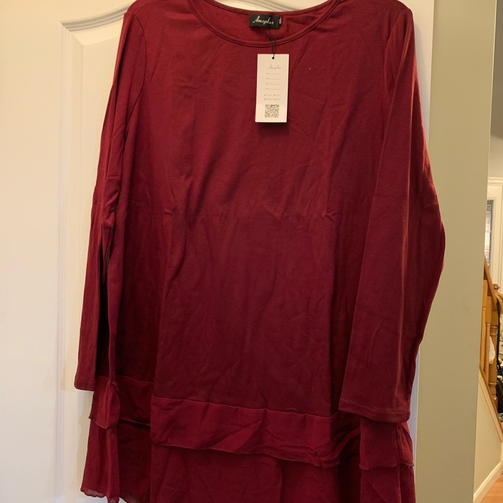 AMZ Plus 4XL Burgundy Flowy Shirt Sheer Women's